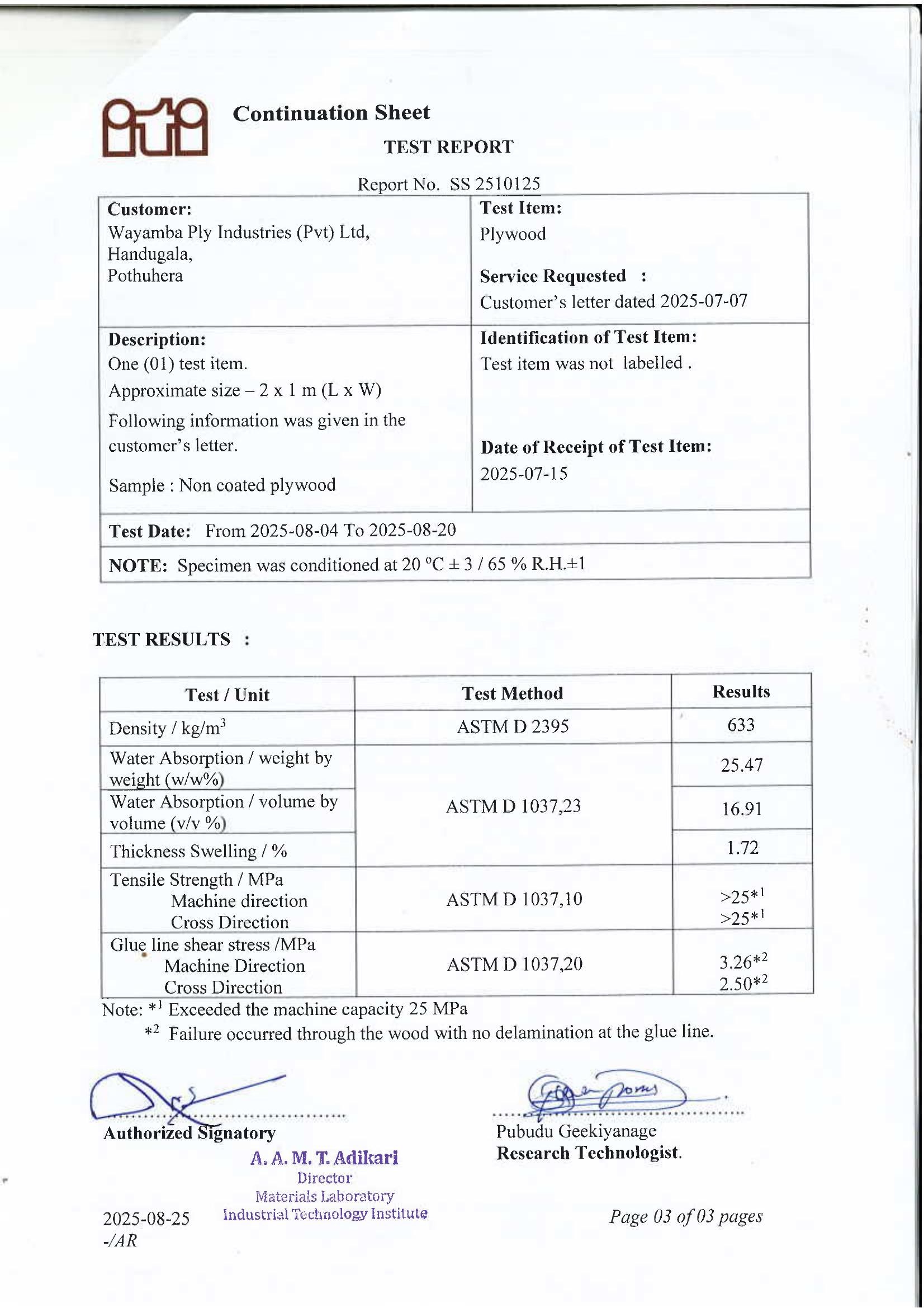 ITI test report for non-coated commercial grade plywood, Wayamba Ply Industries, report SS 2510125